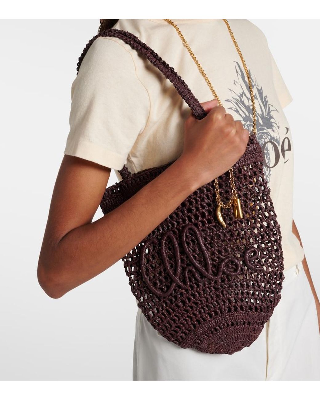 Chloé Red Summer Banana Small Raffia Tote Bag