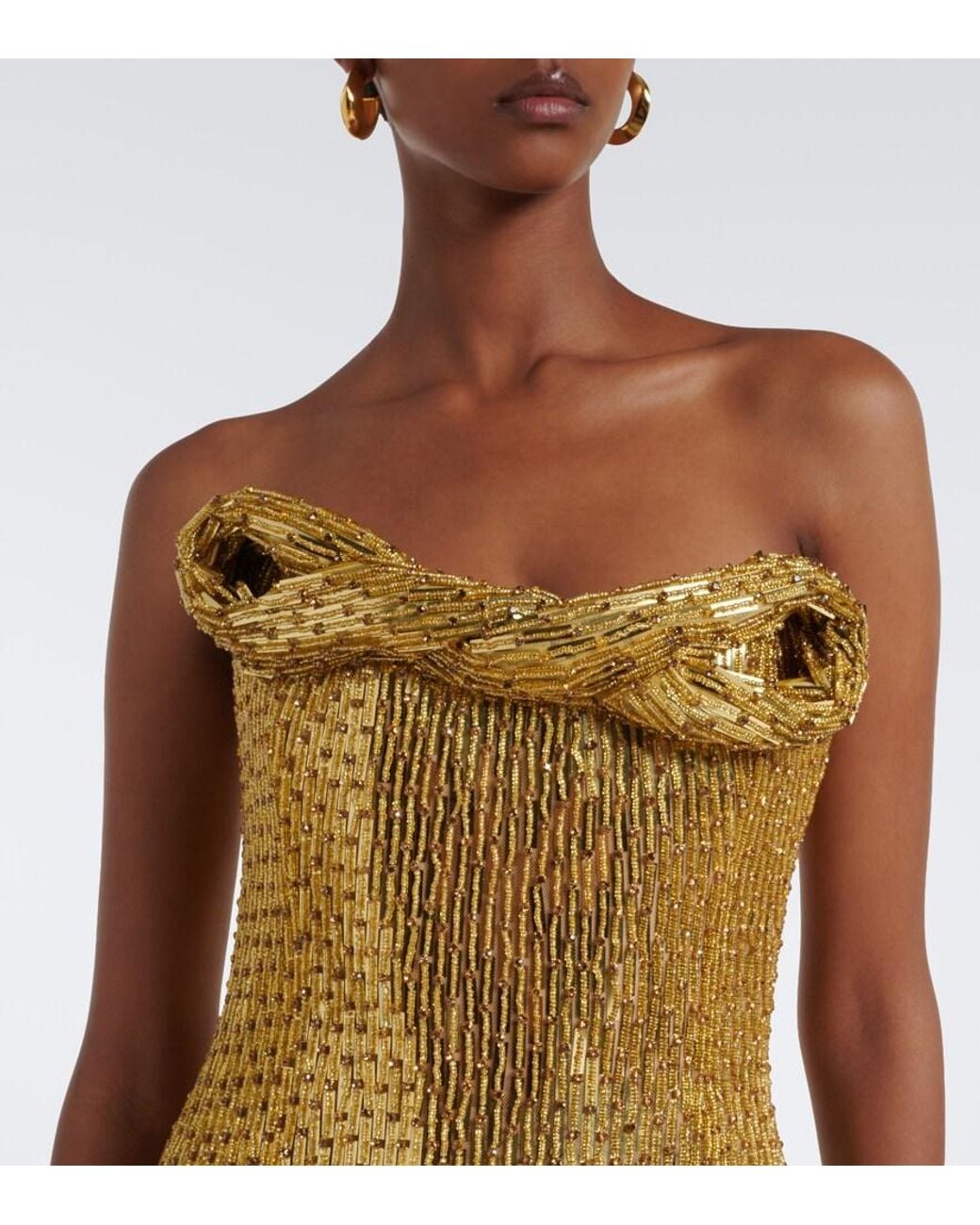 Rachel Gilbert Metallic Rosalie Draped Embellished Bustier Gown