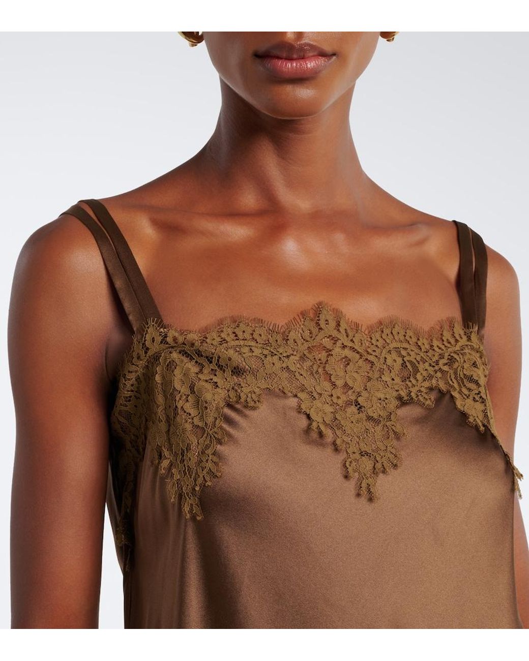 Dorothee Schumacher Brown Sense Of Shine Lace-Trimmed Silk-Blend Camisole