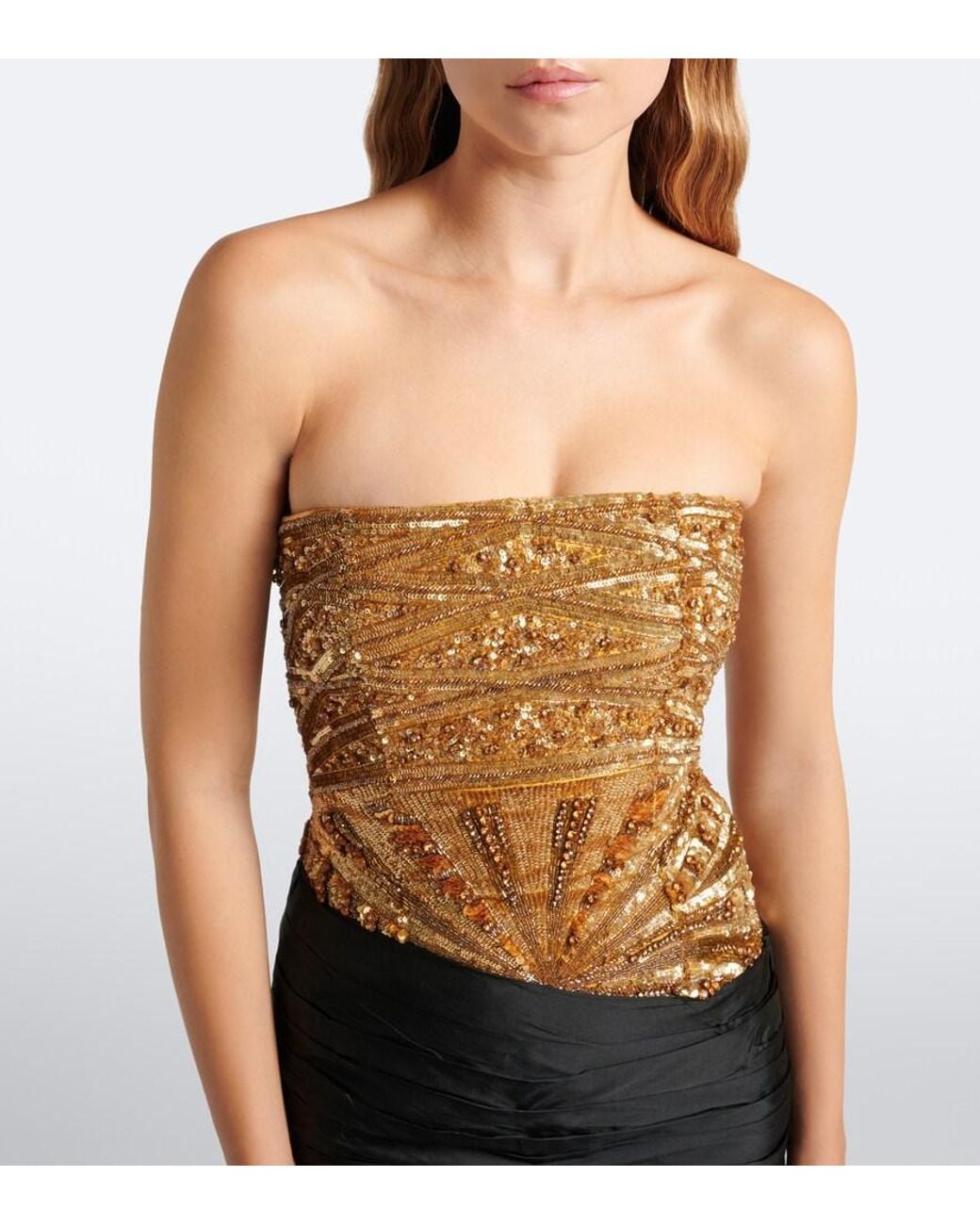 La Fuori Black Gilded Geo Draped Sequined Bustier Gown