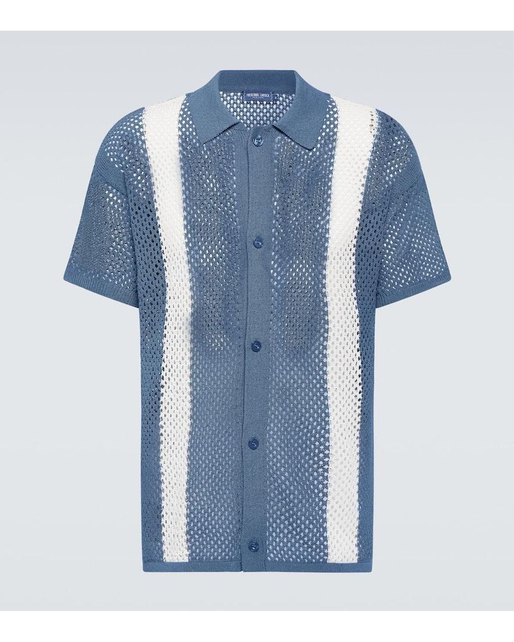 Frescobol Carioca Blue Castillo Cotton-Blend Crochet Bowling Shirt for men