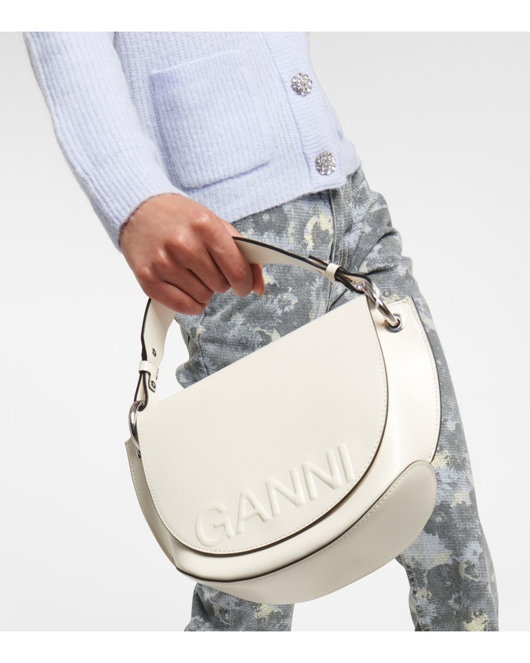 Ganni Banner Saddle Leather Crossbody Bag in White | Lyst