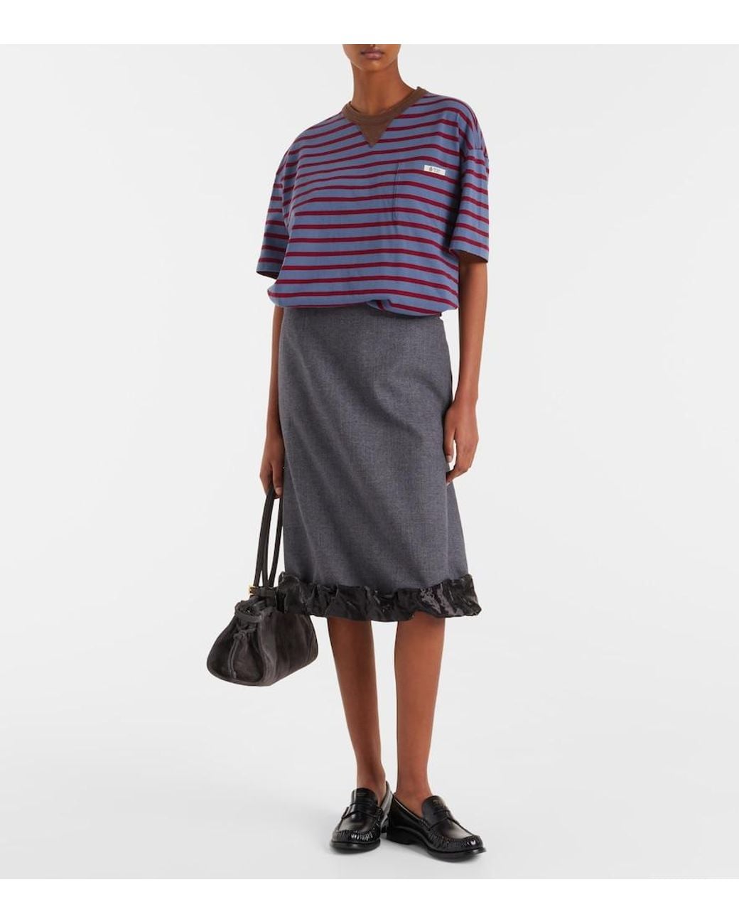 Prada Gray Satin-Trimmed Wool Midi Skirt