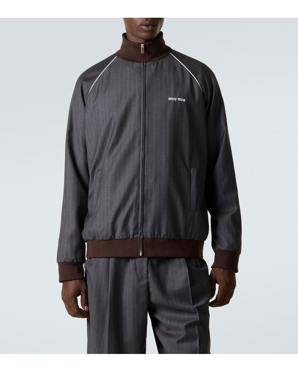 Miu Miu Black Logo Pinstripe Virgin Wool Track Jacket for men
