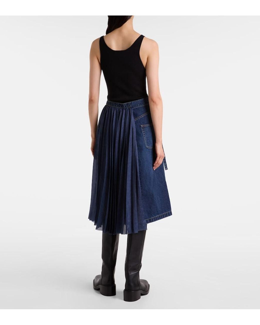 Sacai Blue Pleated Denim Midi Skirt