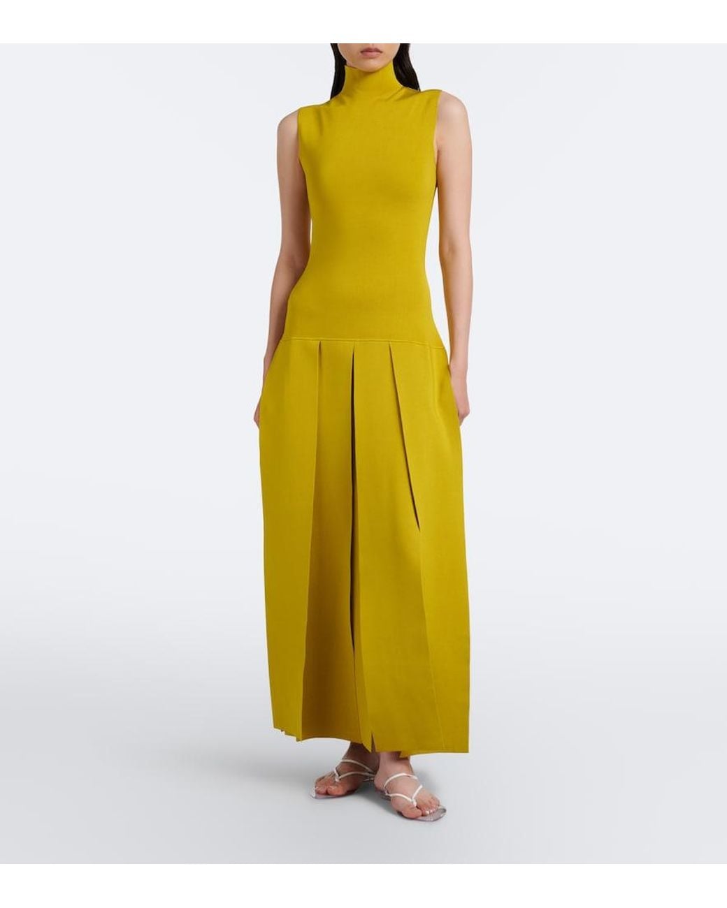 Alaïa Yellow Pleated Knitted Maxi Dress