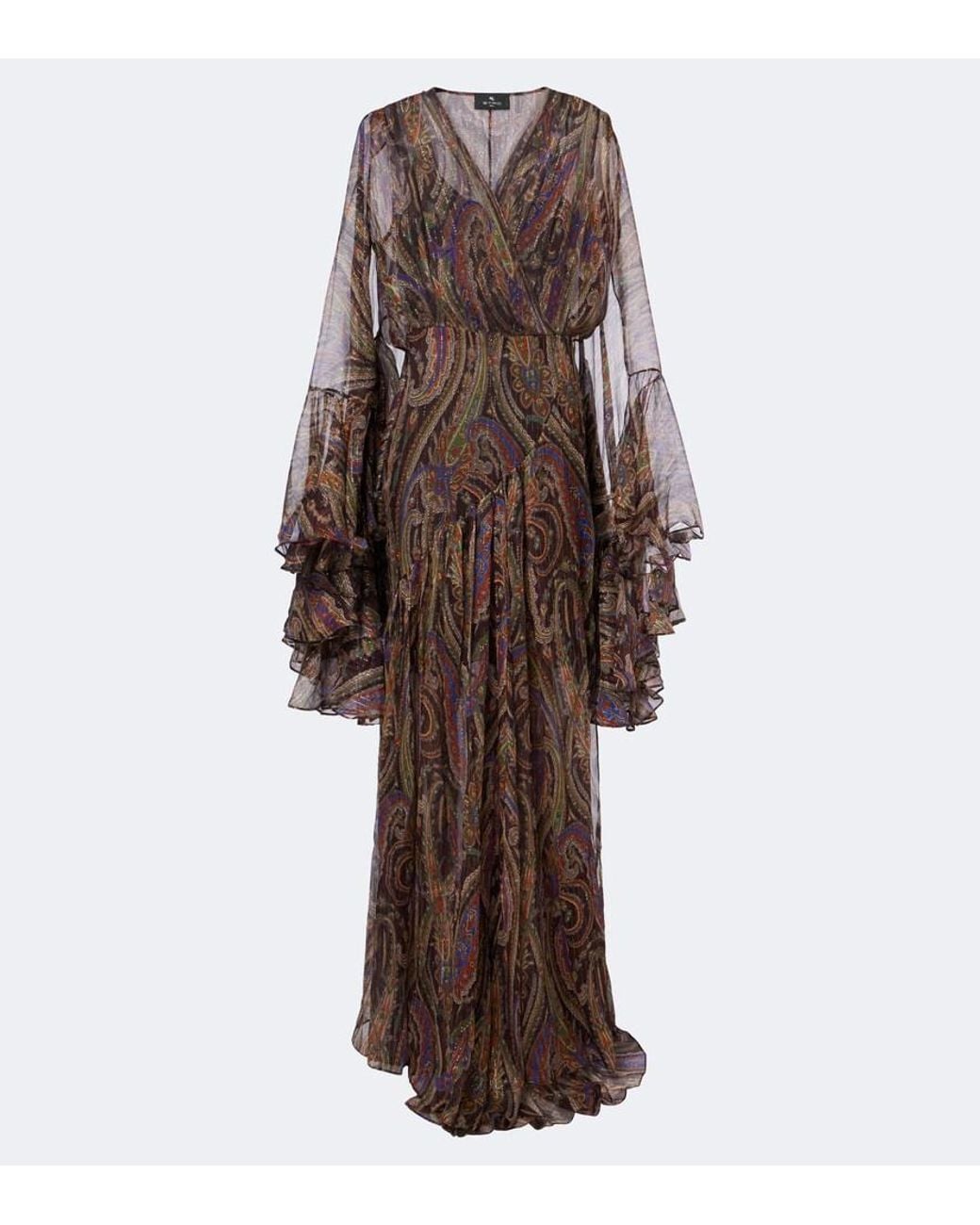 Etro Brown Paisley Ruffled Silk-Blend Crepon Maxi Dress