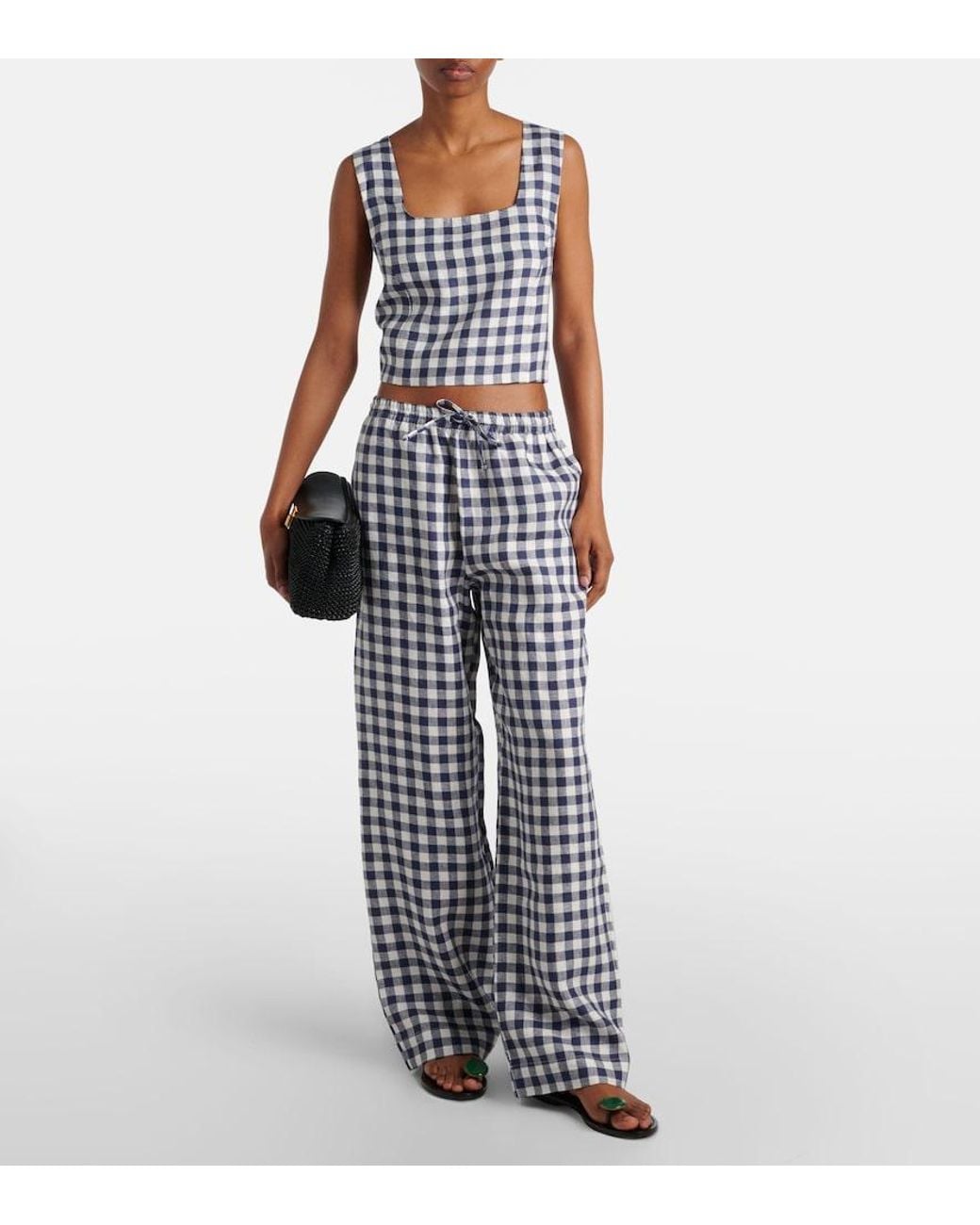 Asceno Blue Aurelia Gingham Linen Wide-Leg Pants