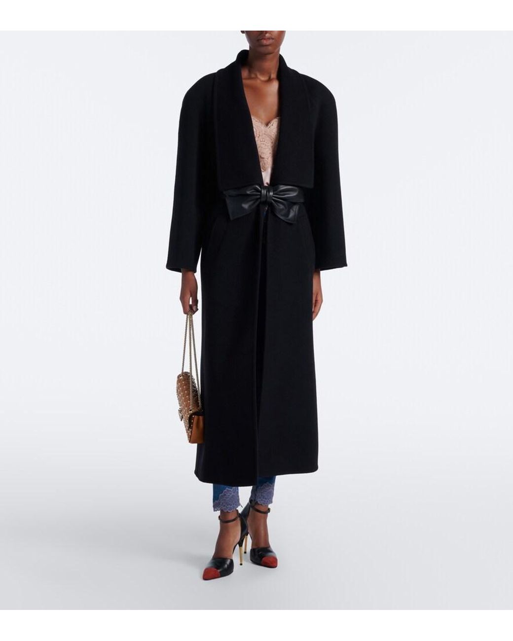 Valentino Garavani Black Bow-Detail Wool And Cashmere Coat