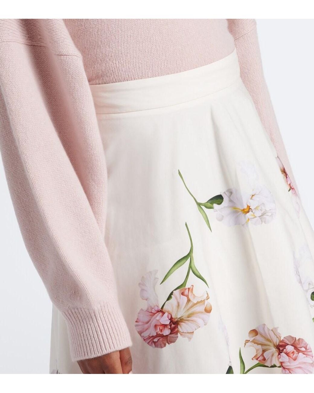 Oscar de la Renta Pink Floral Cotton-Blend Poplin Midi Skirt