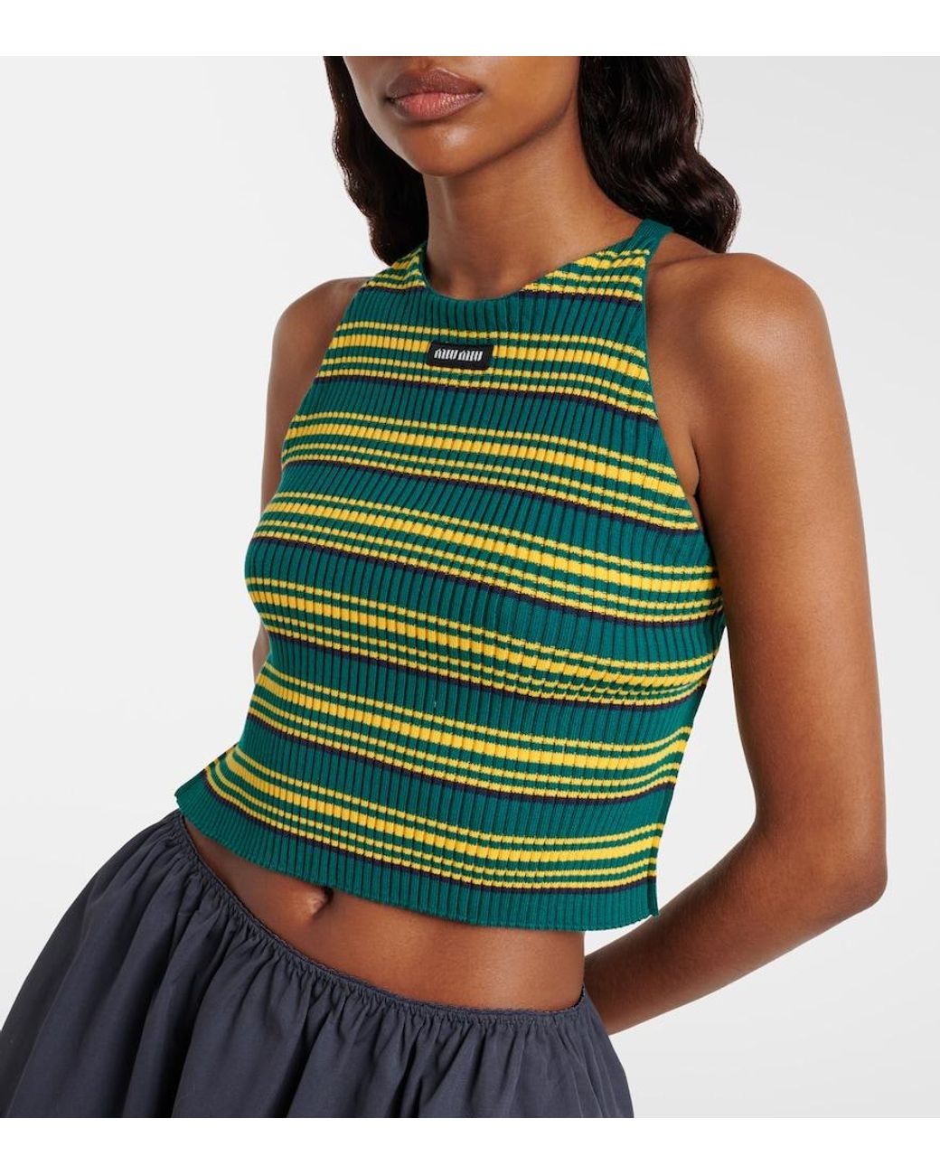 Miu Miu Green Ribbed-Knit Striped Cotton-Blend Top