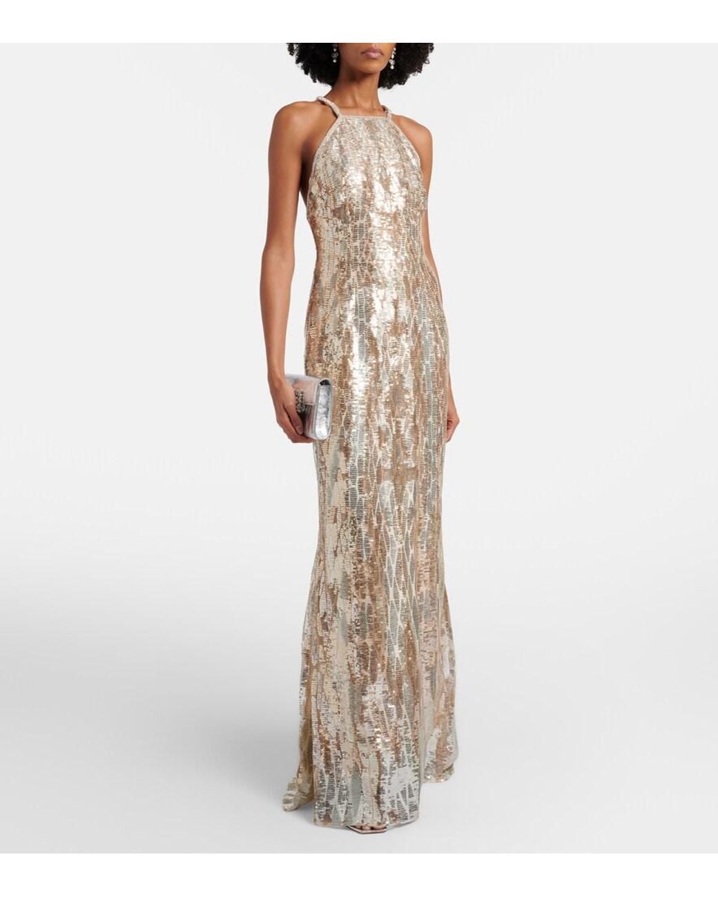 Elie Saab Natural Sequined Silk-Blend Gown