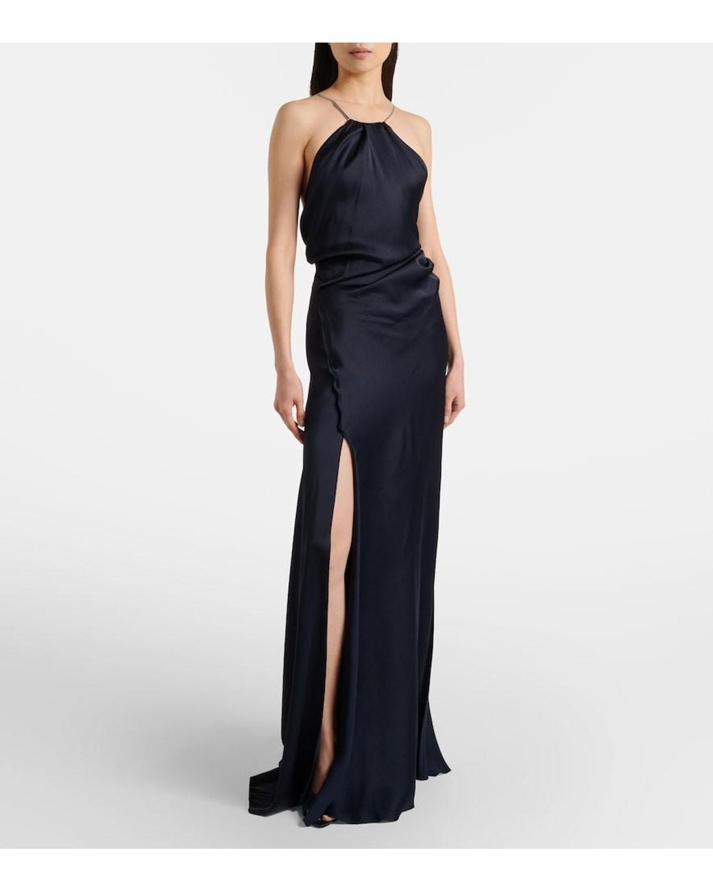 Victoria Beckham Blue Chain-Detail Draped Crepe Satin Gown