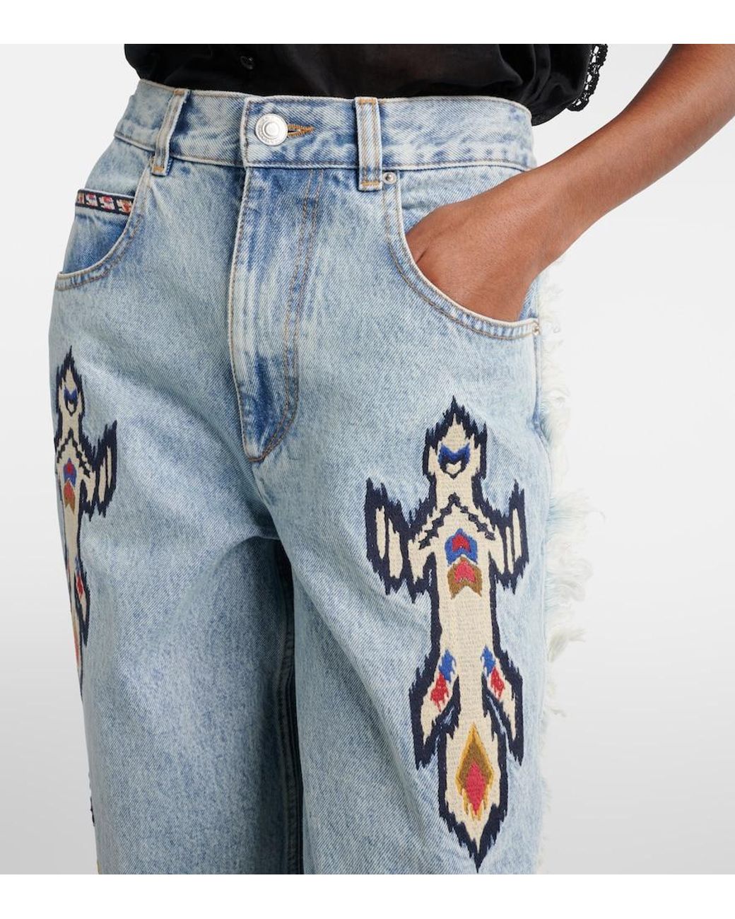 Isabel Marant Blue Maella Embroidered Fringed Straight Jeans