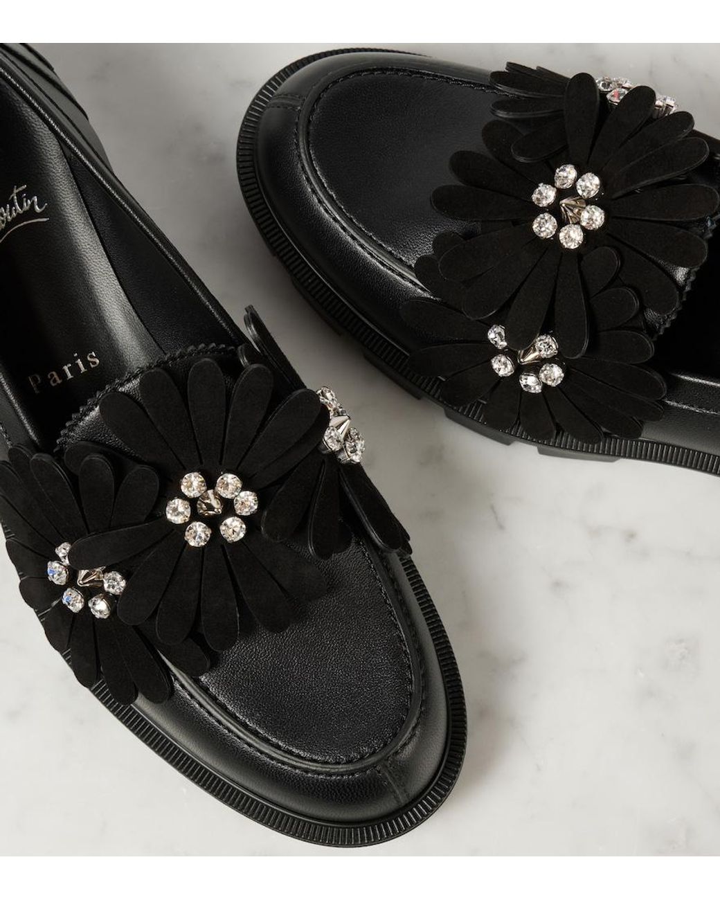 Christian Louboutin Black Flora Moc Embellished Leather Loafers
