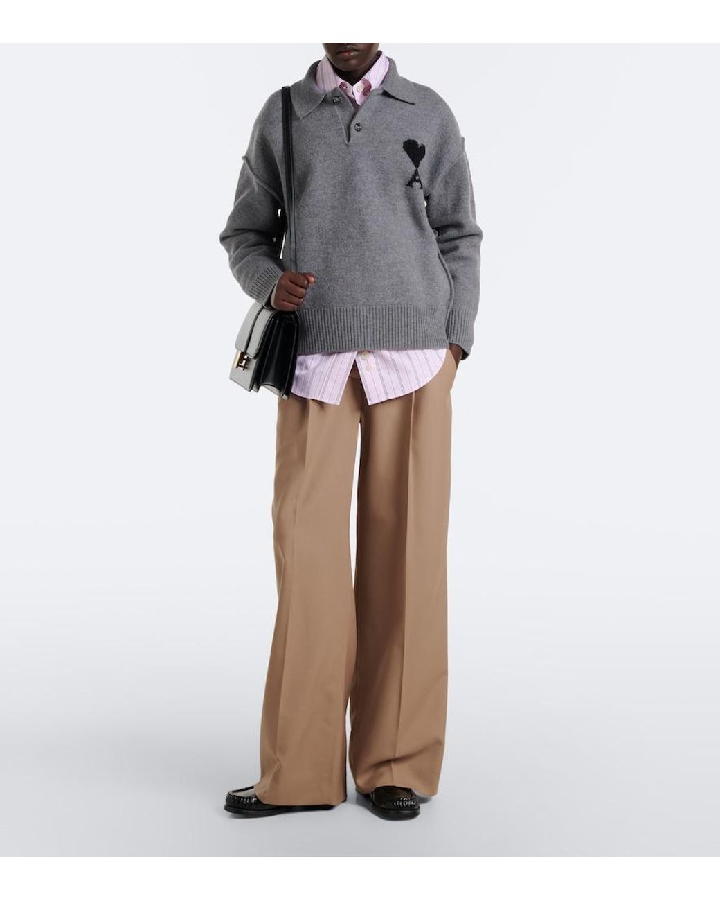 AMI Gray Ami De Coeur Wool Polo Sweater