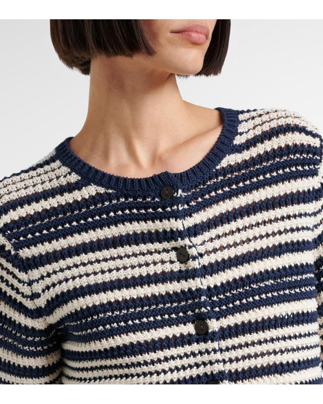 Vince Blue Open-Knit Striped Cotton Cardigan