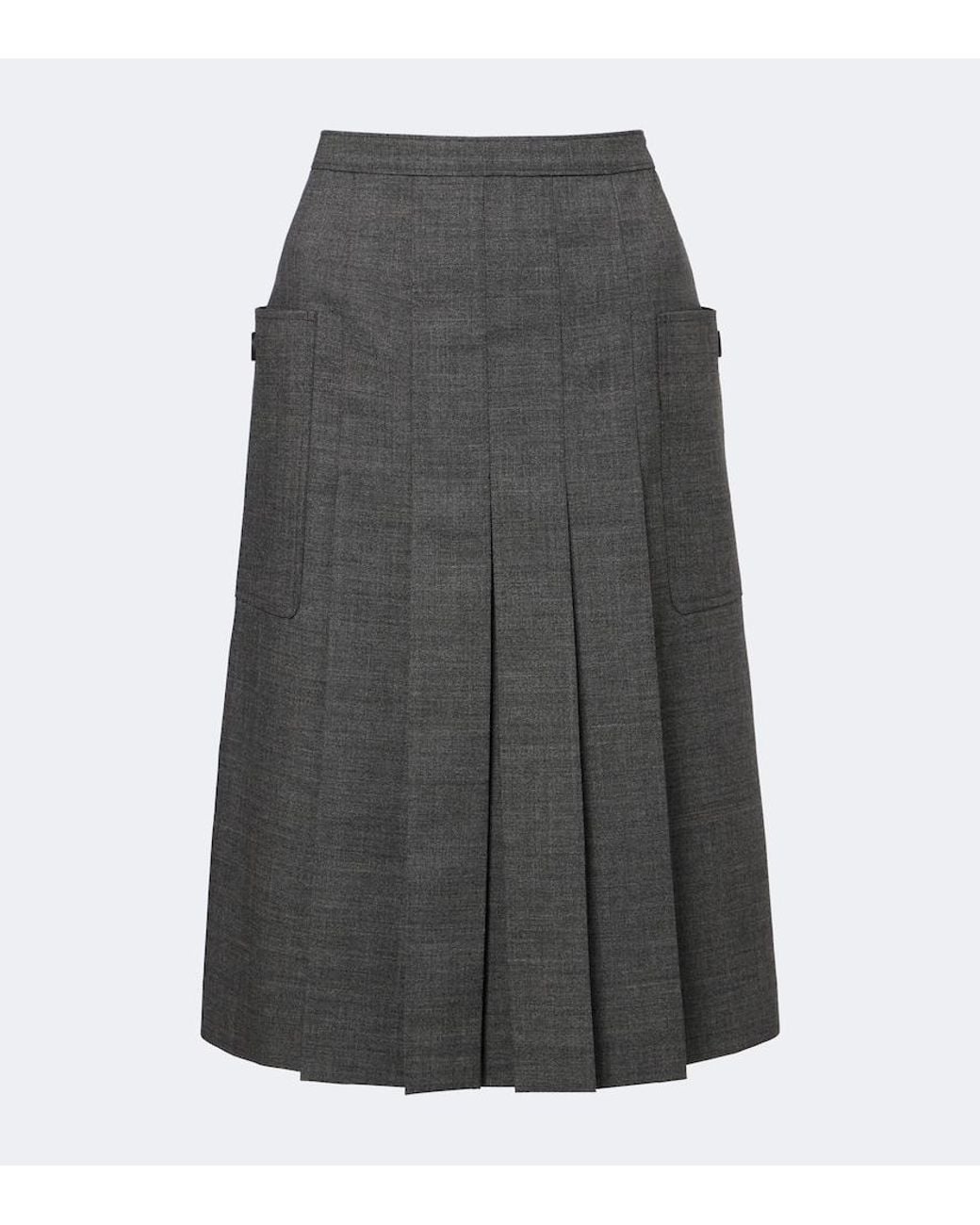 Prada Gray Pleated Virgin Wool Midi Skirt