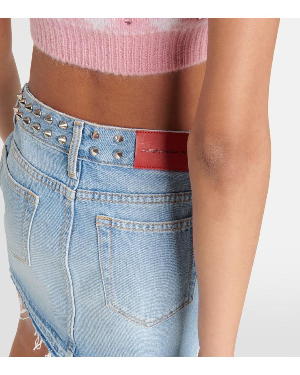 Alessandra Rich Blue Studded Frayed Denim Miniskirt
