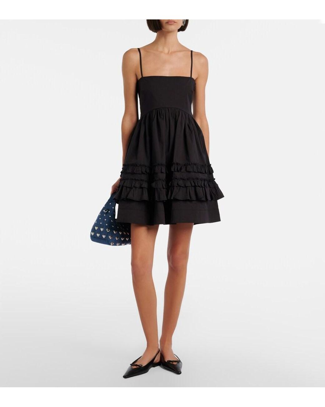 Ganni Black Ruffled Cotton-Blend Minidress