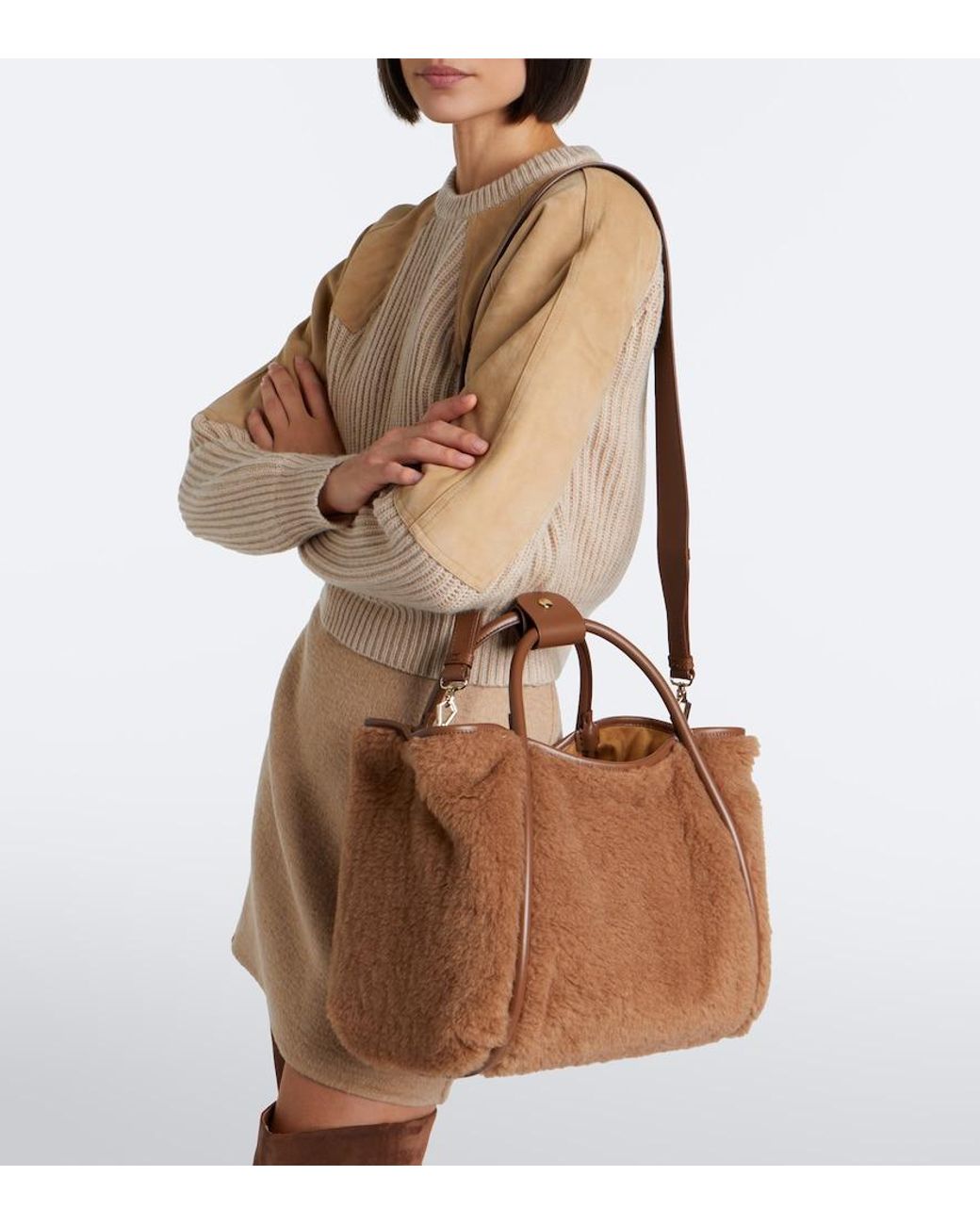 Max Mara Brown Medium Leather-Trimmed Teddy Tote Bag