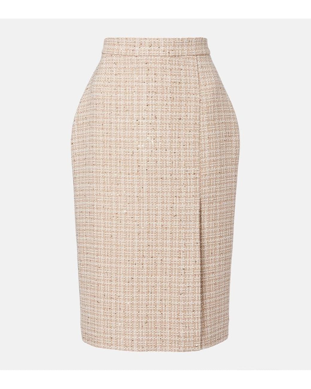 Elie Saab Natural Checked Sequined Tweed Midi Skirt