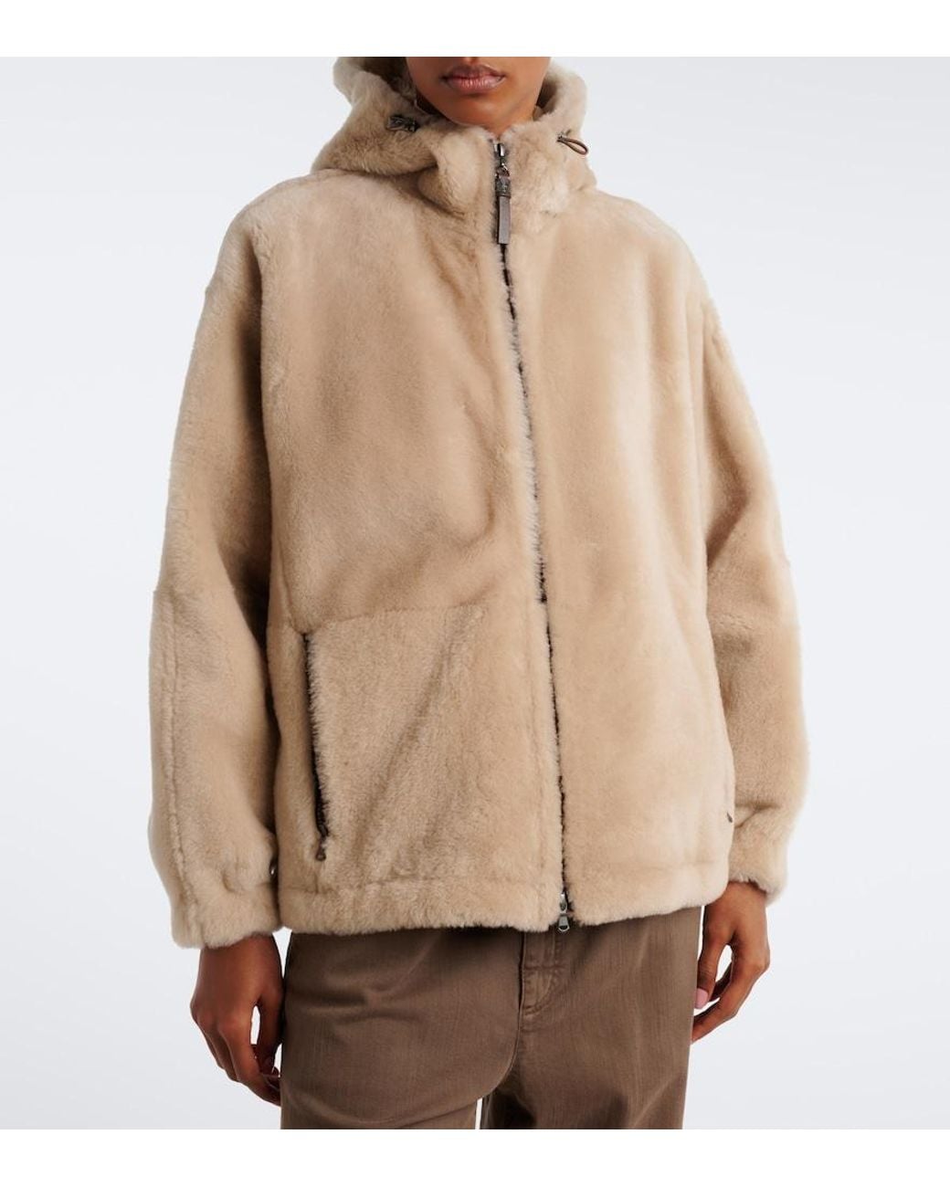 Brunello Cucinelli Natural Monili Hooded Shearling Jacket