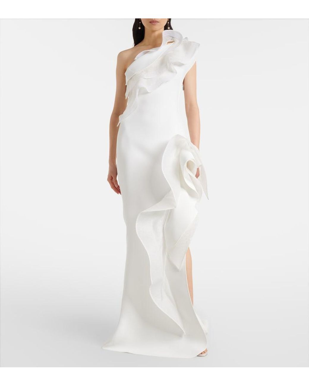 Maticevski White Excitement Ruffled One-Shoulder Gown
