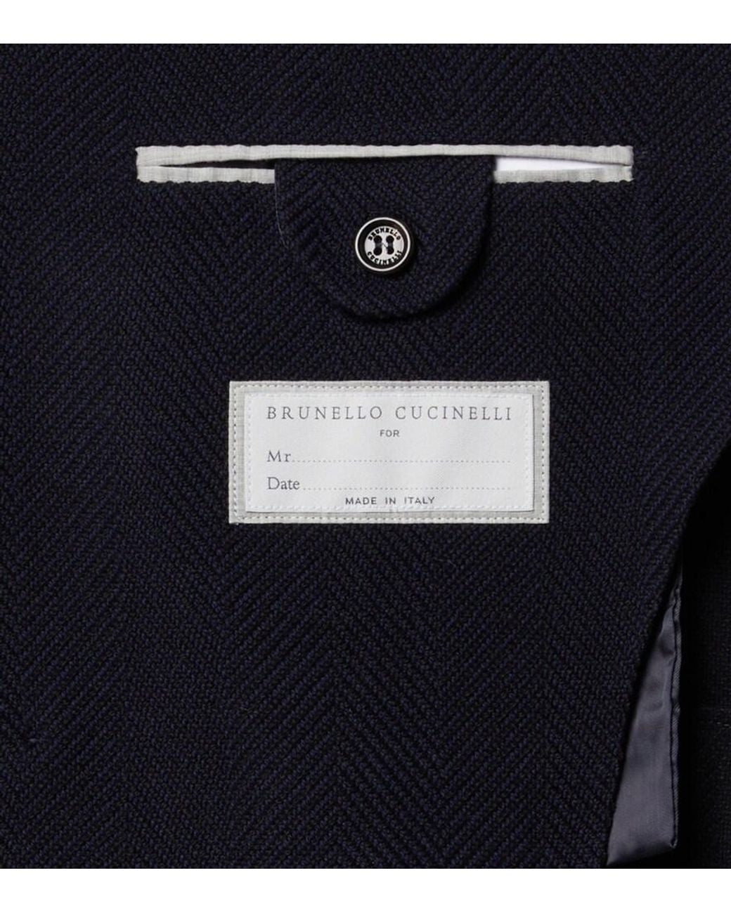 Brunello Cucinelli Blue Herringbone Wool And Cotton Blazer for men