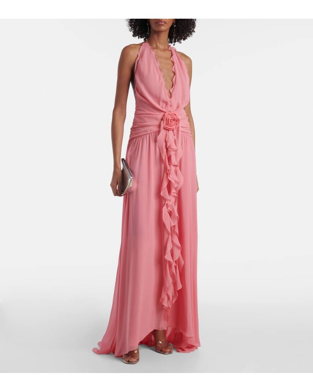 Blumarine Halterneck Silk Georgette Maxi Dress in Pink | Lyst