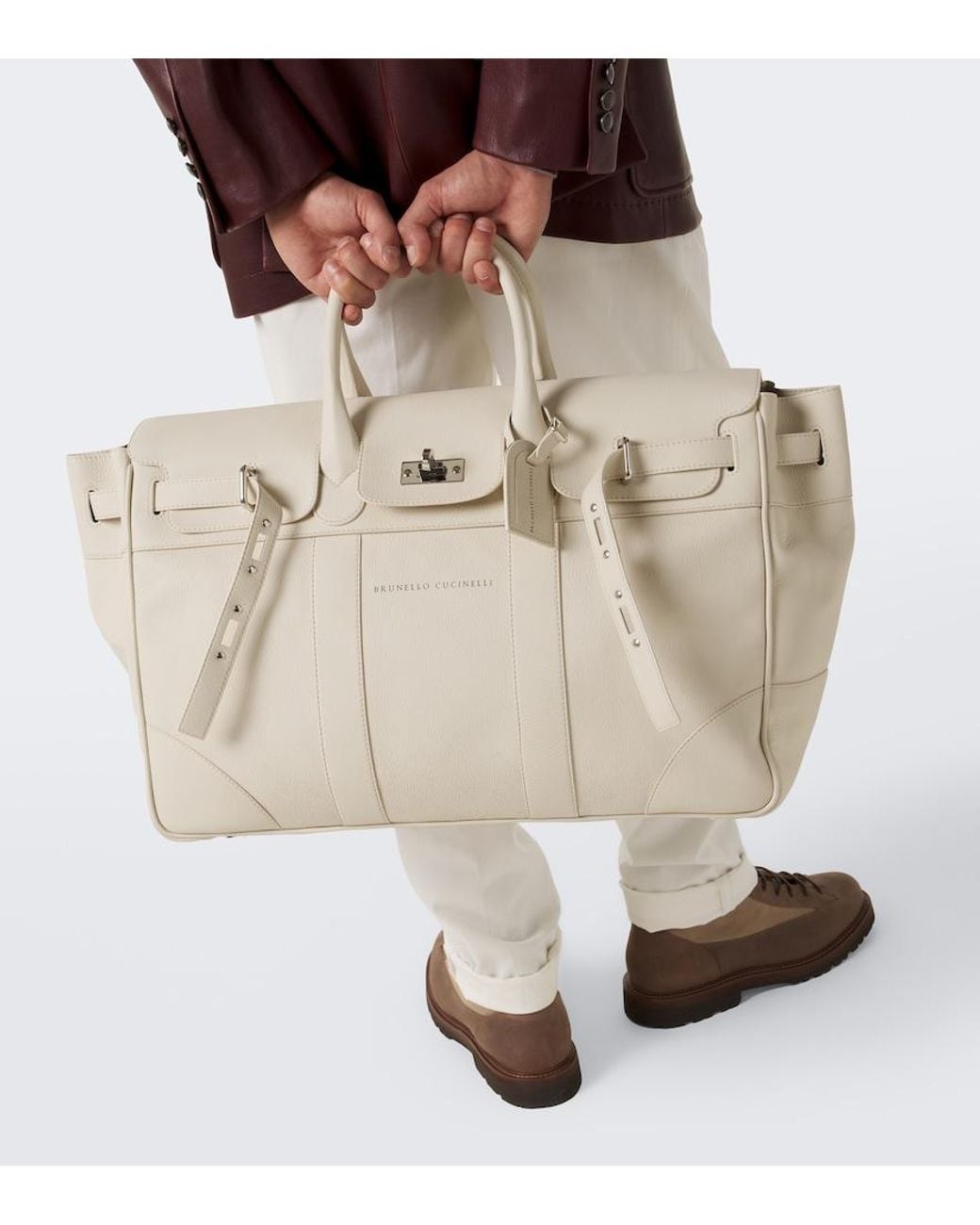 Brunello Cucinelli Natural Logo Leather Duffel Bag for men