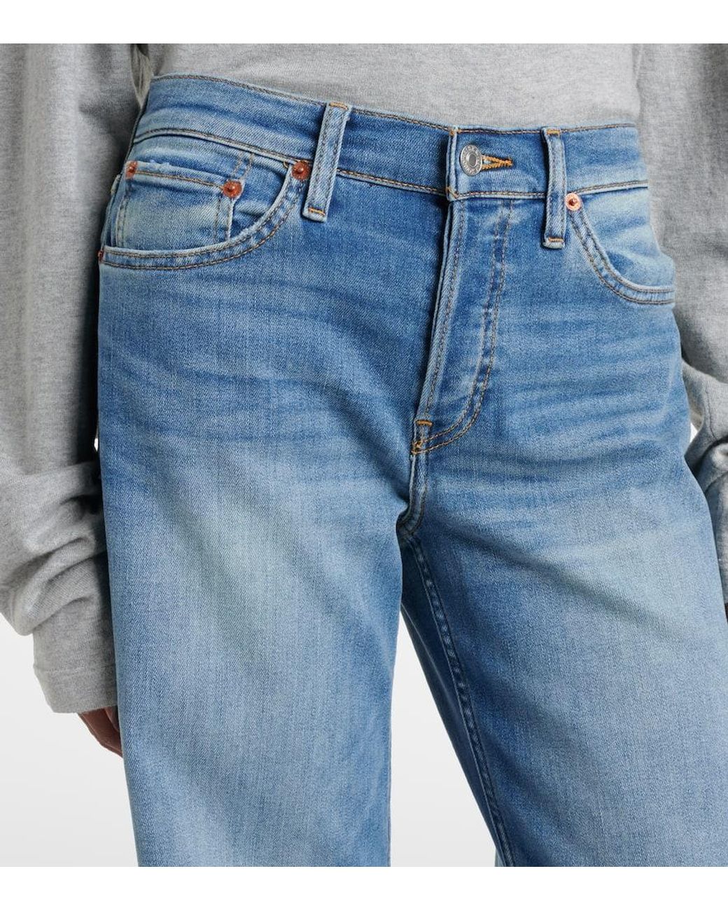 Re/done Blue Cotton Stretch Mid-Rise Wide-Leg Jeans