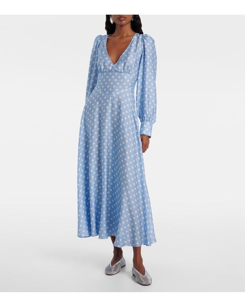 Posse Blue Tilly Polka-Dot Satin Midi Dress