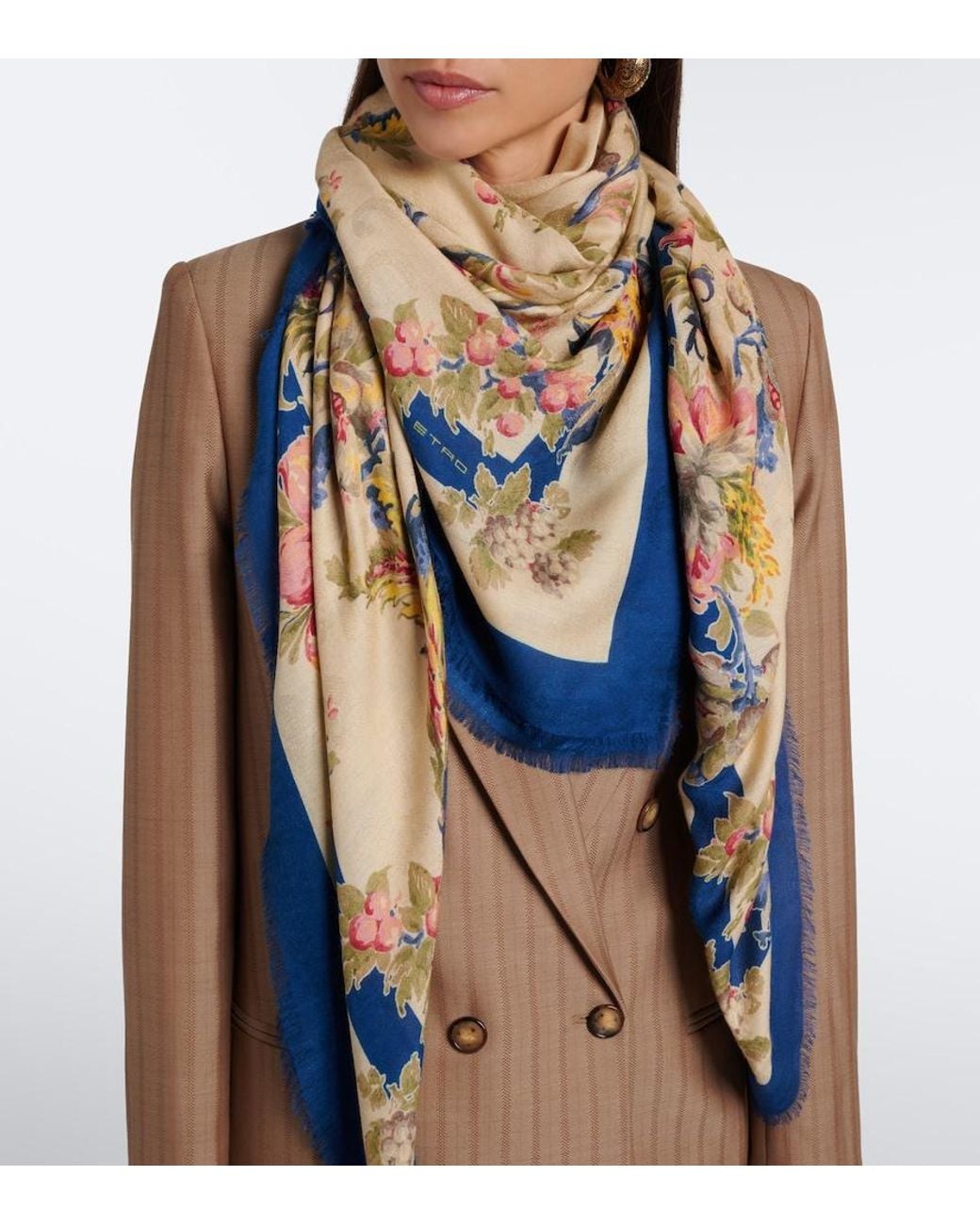 Etro Blue Floral Modal And Cashmere Scarf