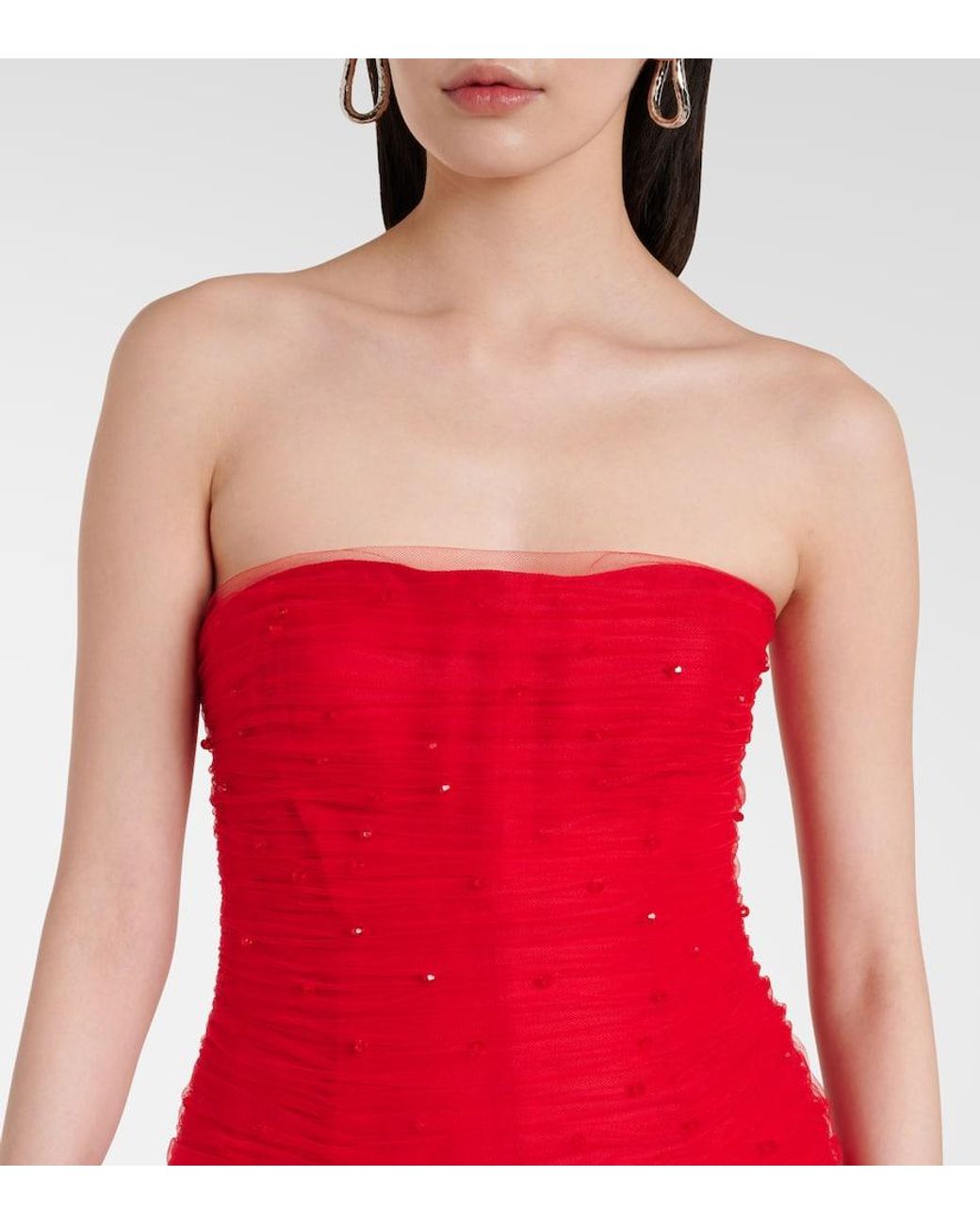 Carolina Herrera Red Embellished Strapless Tulle Gown