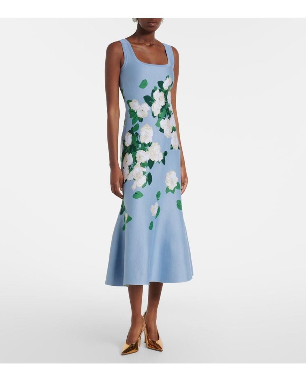 Carolina Herrera Blue Floral Silk-Blend Midi Dress