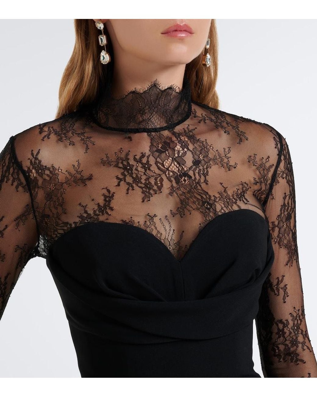 Elie Saab Black Lace-Trimmed Cady Gown