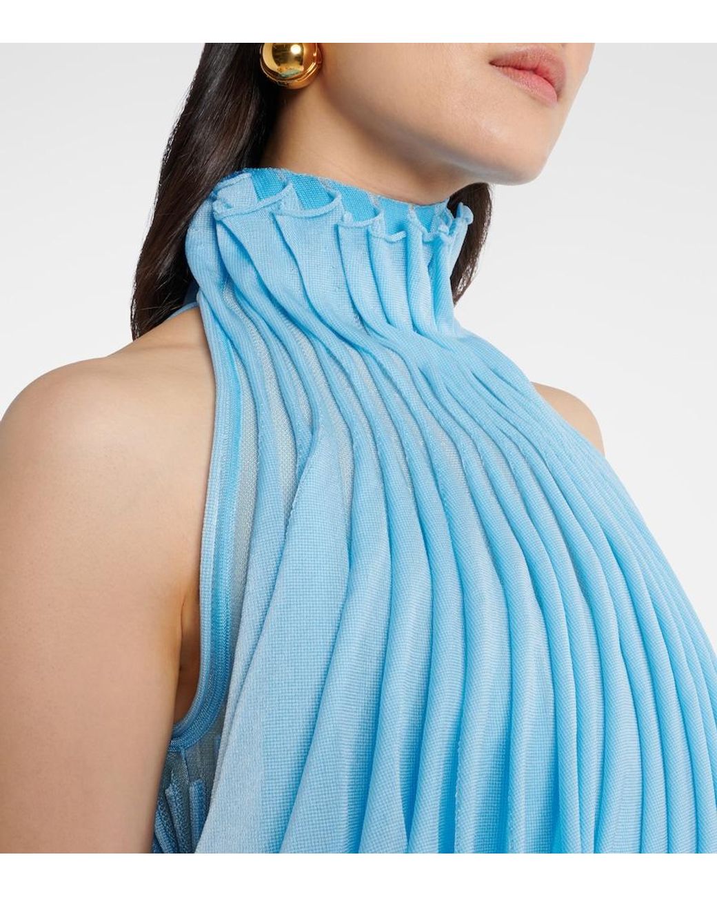Alaïa Blue Cropped Pleated Knitted Turtleneck Top