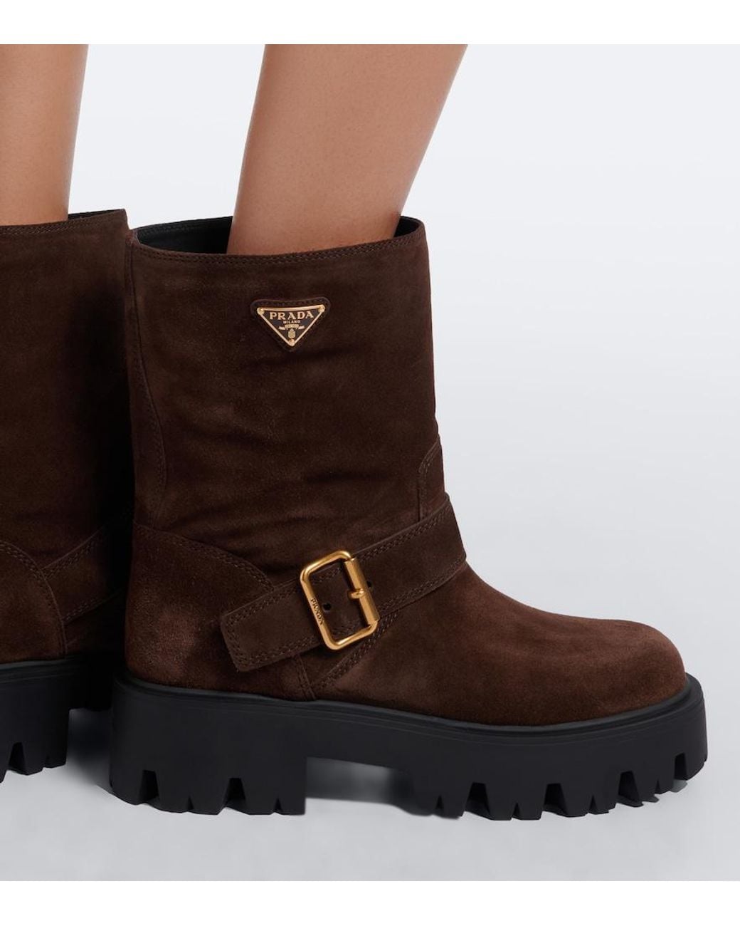 Prada Brown Logo Suede Biker Boots