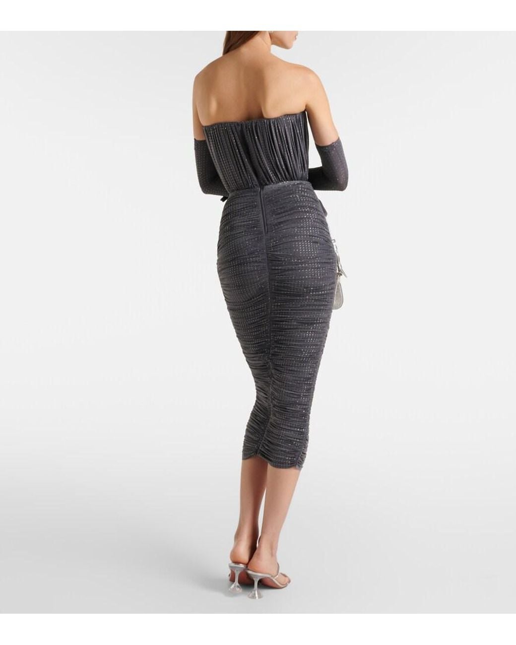 Alex Perry Gray Crystal-Embellished Ruched Jersey Midi Dress
