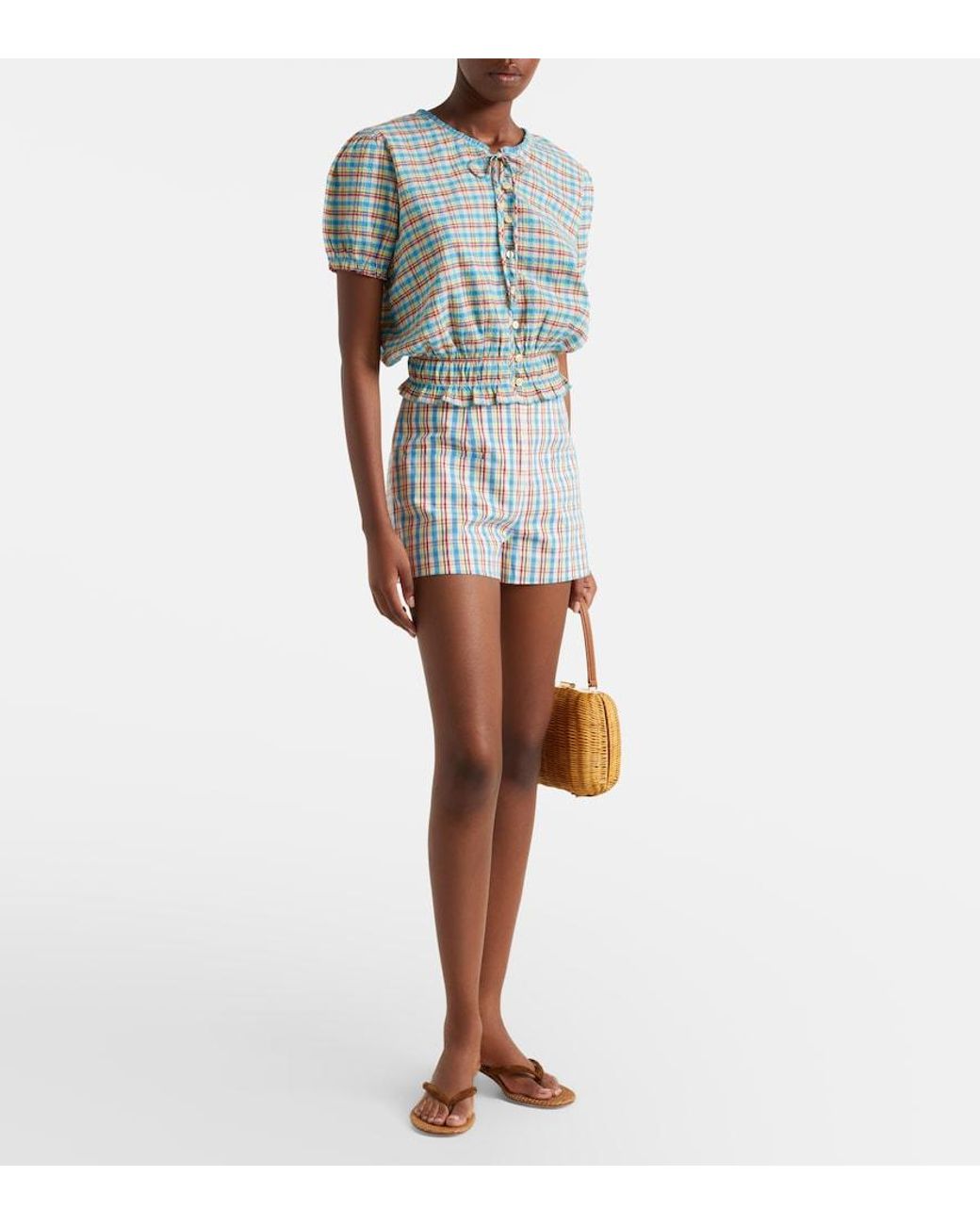 Faithfull The Brand Blue Santana Checked Cotton-Blend Top