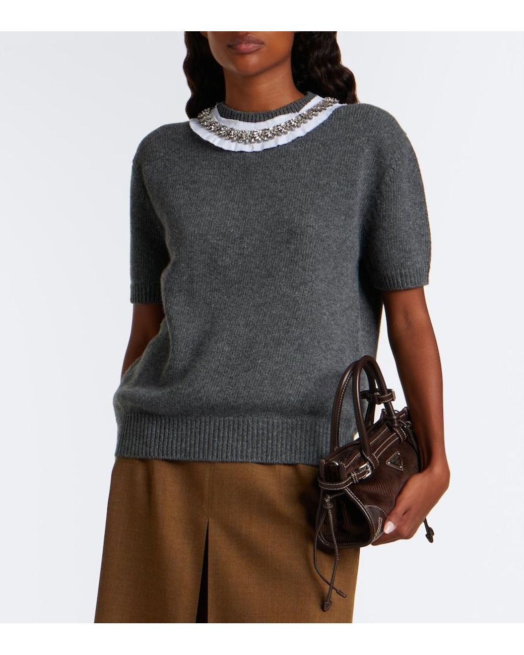 Prada Gray Embellished Wool And Cashmere Sweater