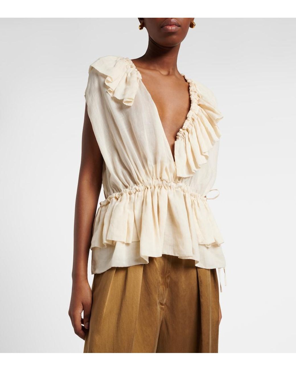 Dries Van Noten Natural Ruffled Peplum Ramie Top