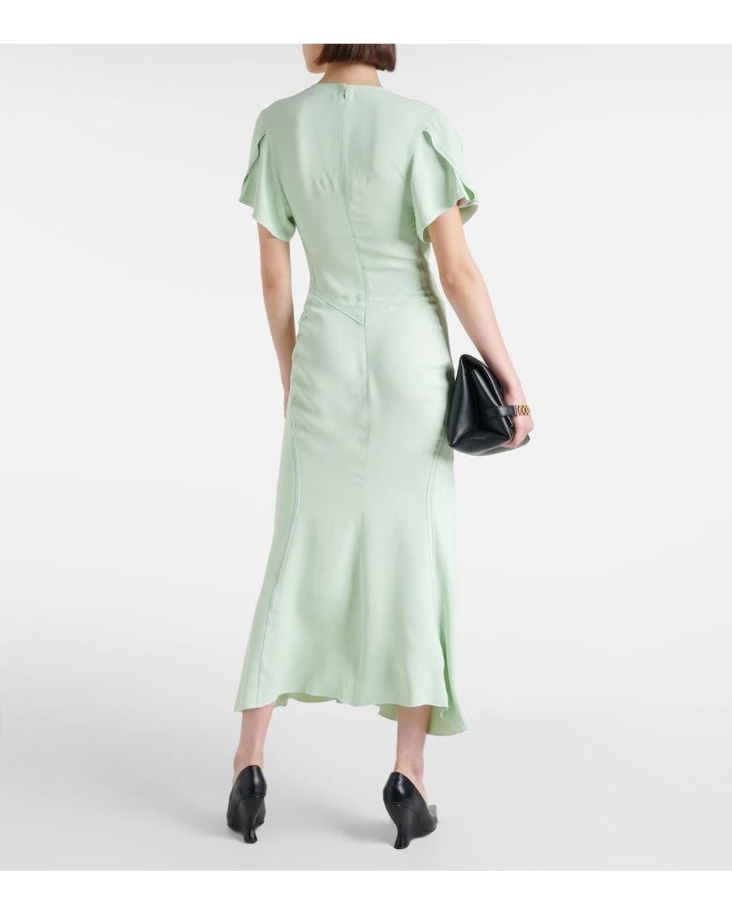 Victoria Beckham Green Gathered V-Neck Midi Dress