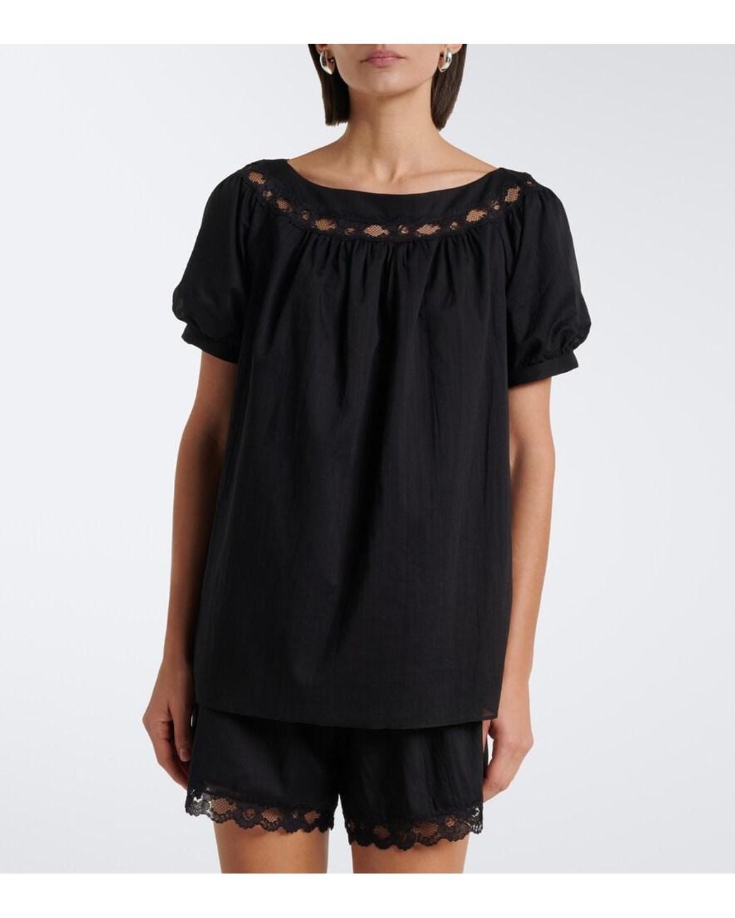Posse Black Marilyn Lace-Trimmed Cotton Top