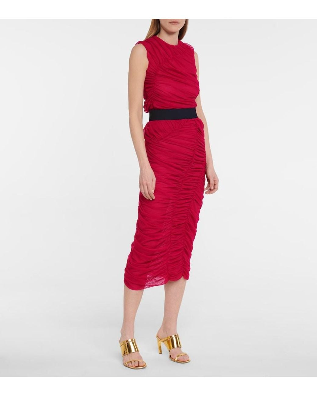 Dries Van Noten Red Ruched Mesh Midi Skirt