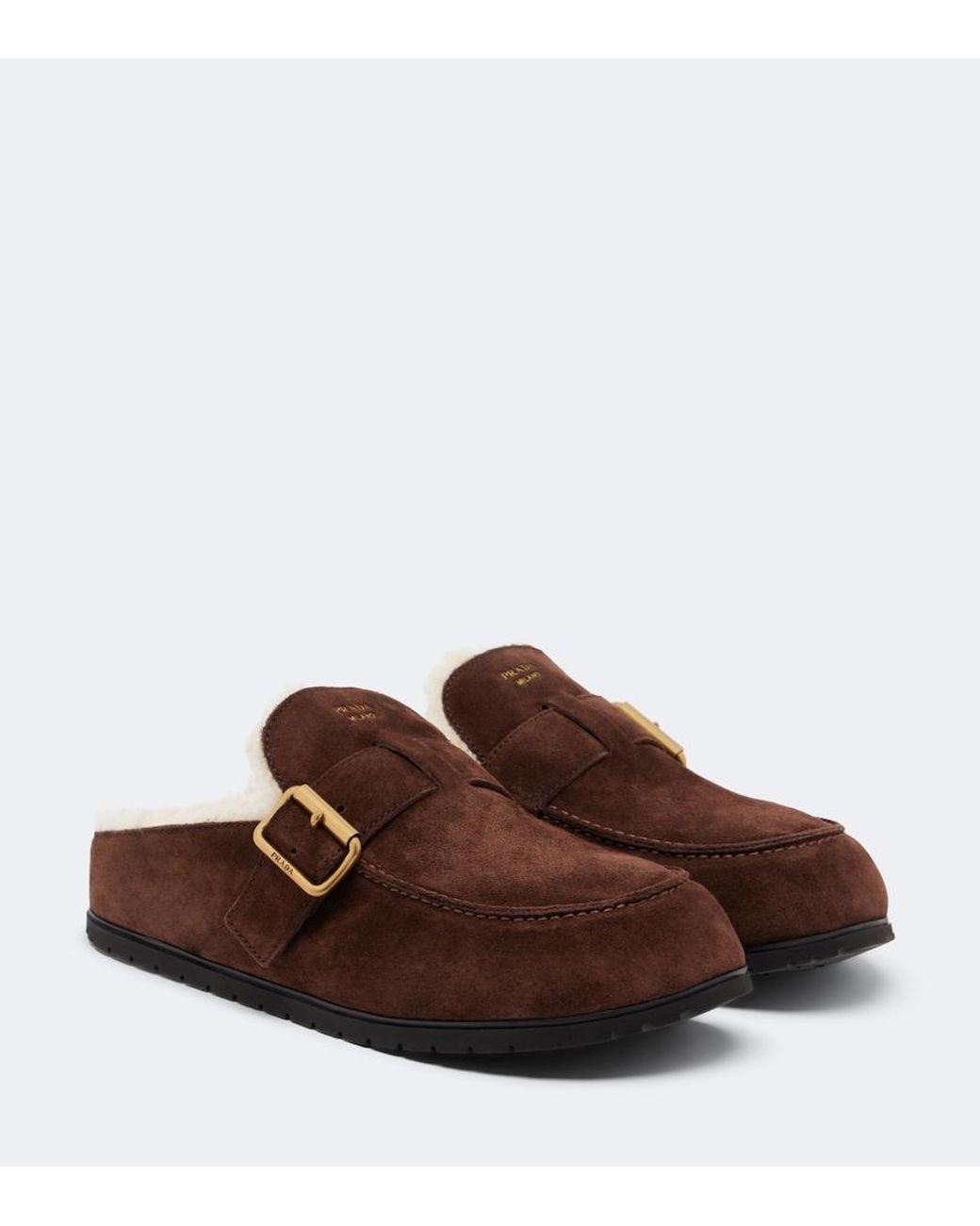 Prada Brown Shearling-Lined Suede Mules