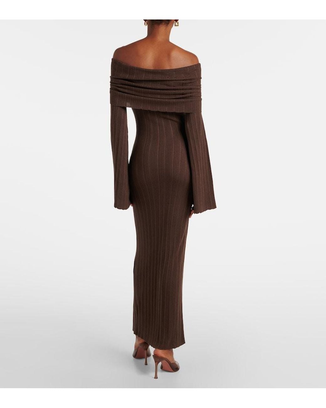 AYA MUSE Brown Off-Shoulder Silk-Blend Jersey Maxi Dress