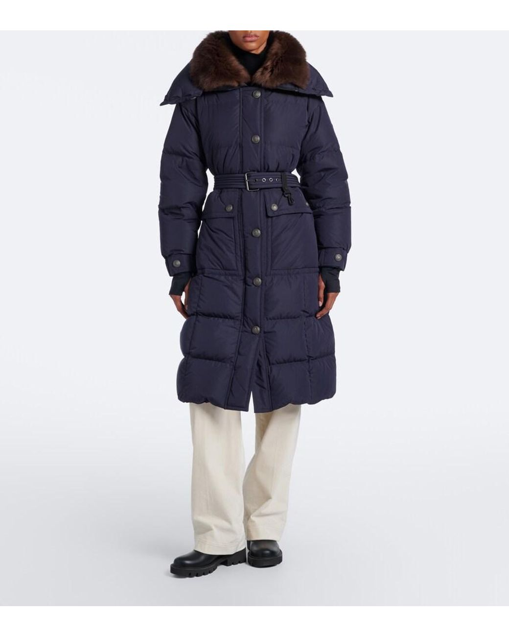 Moncler Blue Gelisette Shearling-Trimmed Down Coat