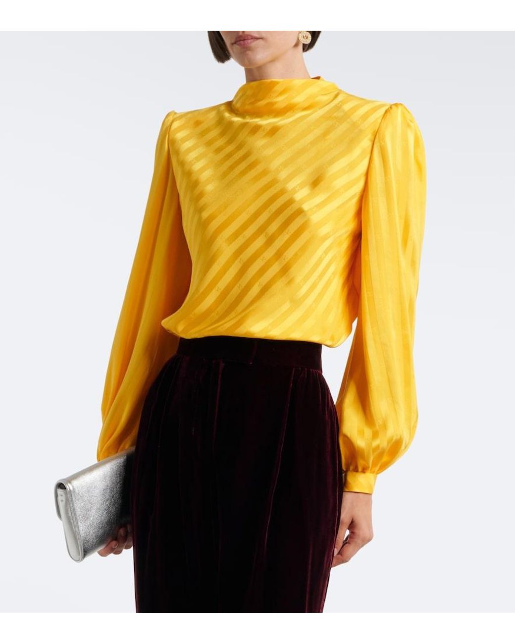 Valentino Yellow Vlogo Striped Silk Jacquard Blouse